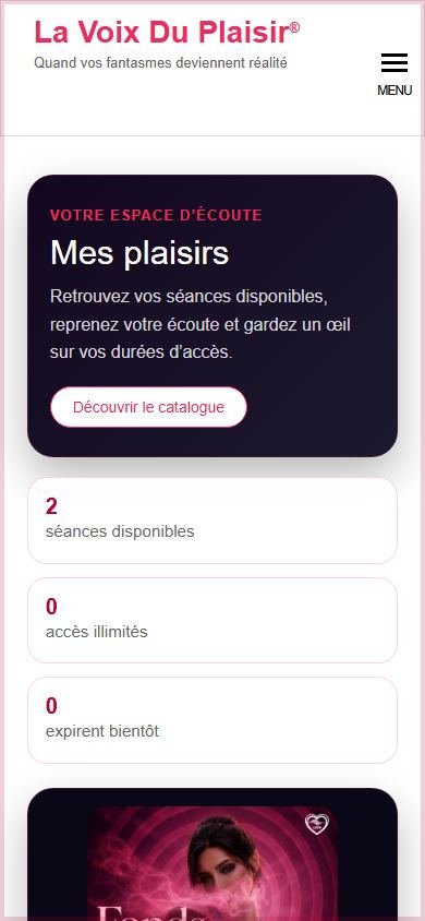 Page Mes Plaisirs avec les séances actives et accès disponibles